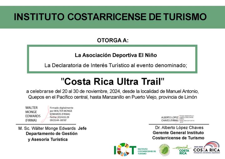 Le Costa Rica Ultra Trail 2024 déclaré d’intérêt touristique par ICT.